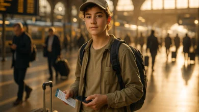 Boy on Airport with his traveling stuff facing the Camera
