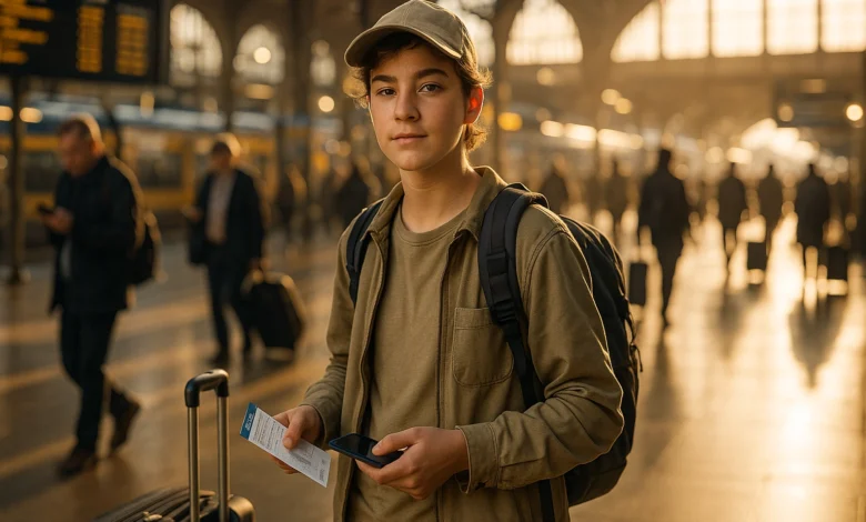 Boy on Airport with his traveling stuff facing the Camera