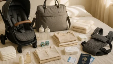 Some Baby Traveling Essentials Placed On A Bed