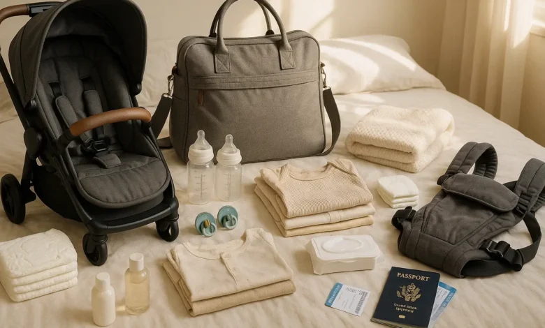 Some Baby Traveling Essentials Placed On A Bed