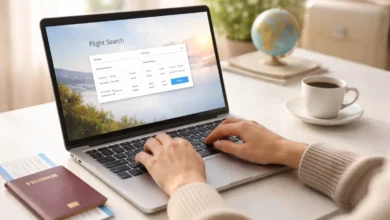 Person searching flights on laptop