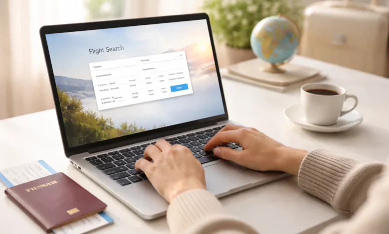 Person searching flights on laptop